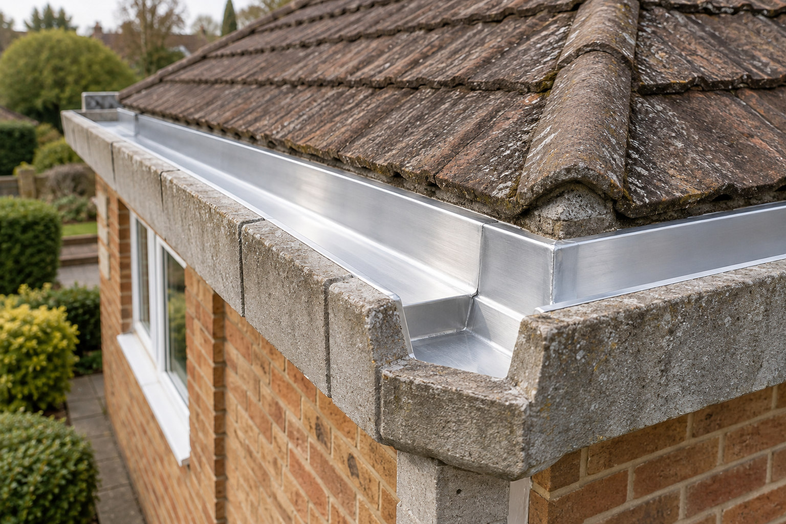 AI-generated view of an aluminium lining fitted inside concrete Finlock gutters on a brick property