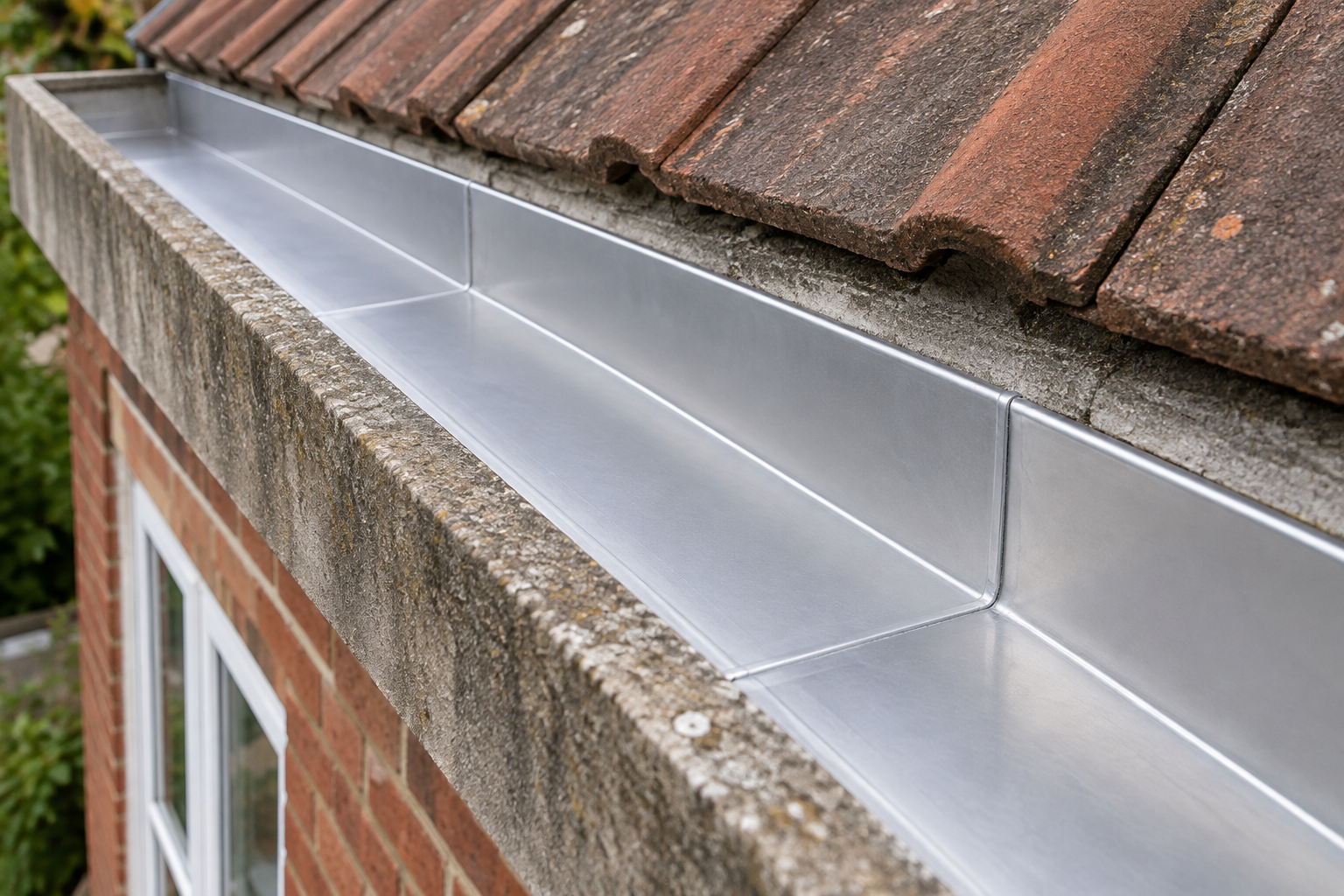 AI-generated illustration of an aluminium liner inside a concrete Finlock gutter