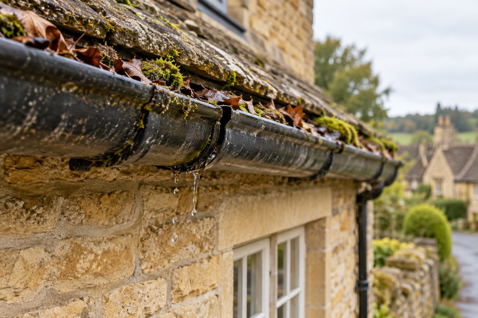 Illustration of a leaking gutter blocked with moss and leaves