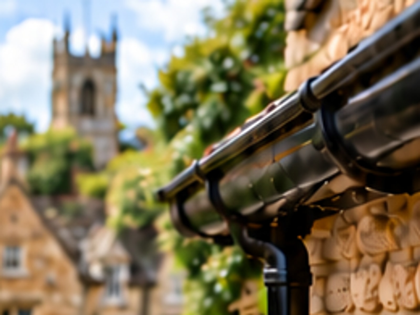 Black guttering on a Cotswold stone property near a church — illustrative image